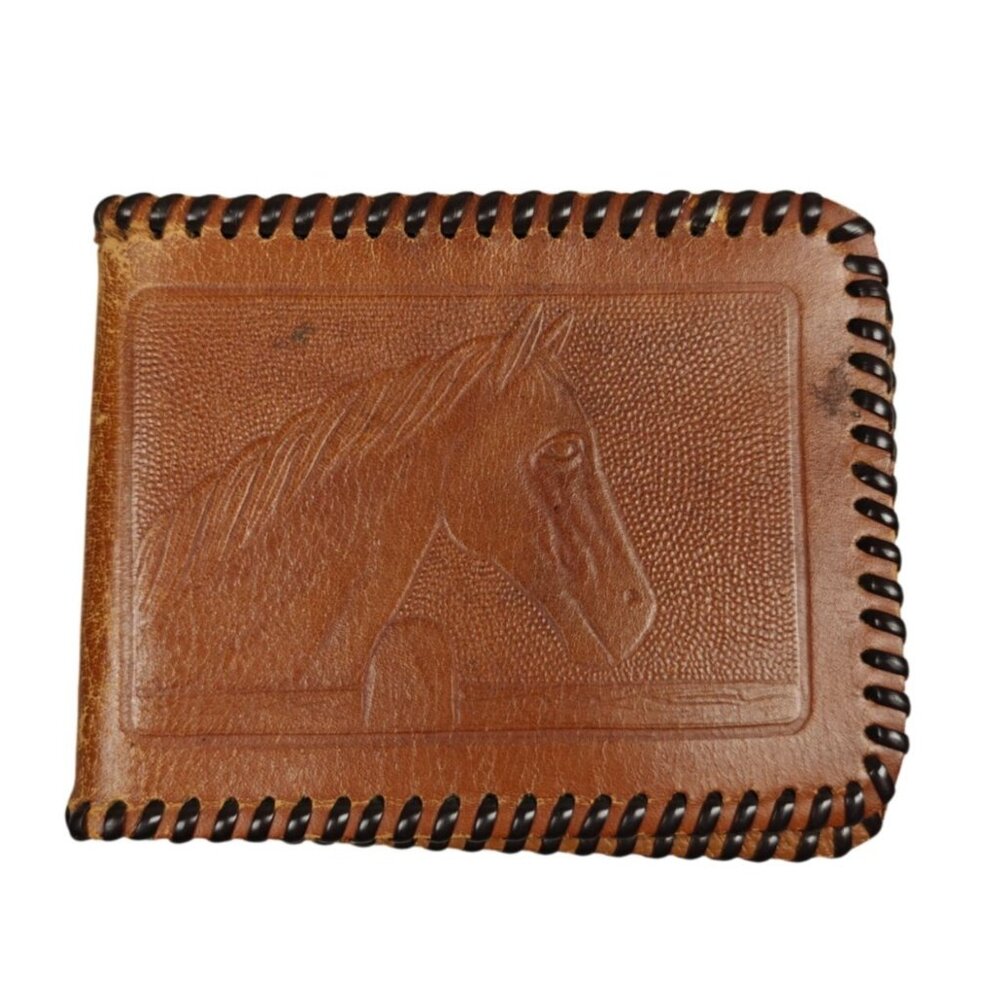 Vintage Embossed Leather Wallet Horse Desert Scene BiFold Western Equestrian